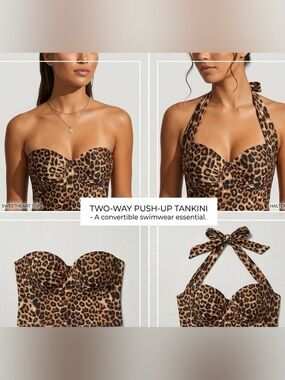 Leopard Print 2-Way Strapless/Halter Swim Push Up Bustier Top
